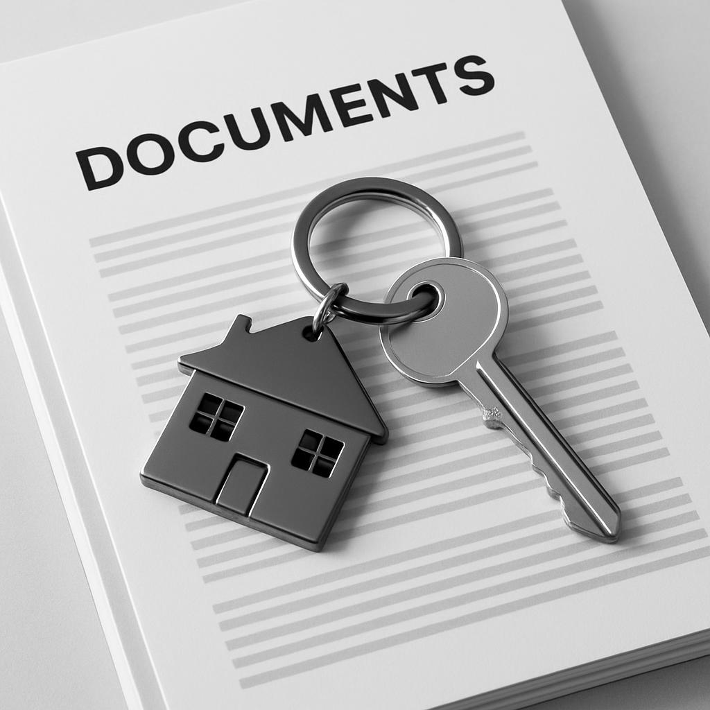 A black and white image of a house key and keychain placed atop a document with the word "DOCUMENTS" written across the to...